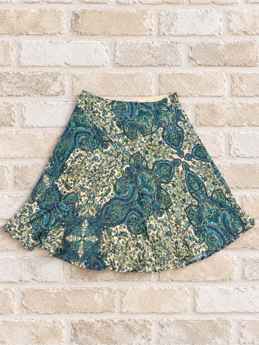 Vintage Y2K Worthington Silk Cotton Blue Green Paisley A Line Skirt Sz 4 Boho - Picture 2 of 4